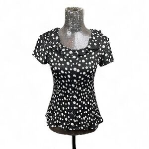 Coquette Ruffle Collar Polka Dot Pleated Button Front Blouse Medium Retro Date
